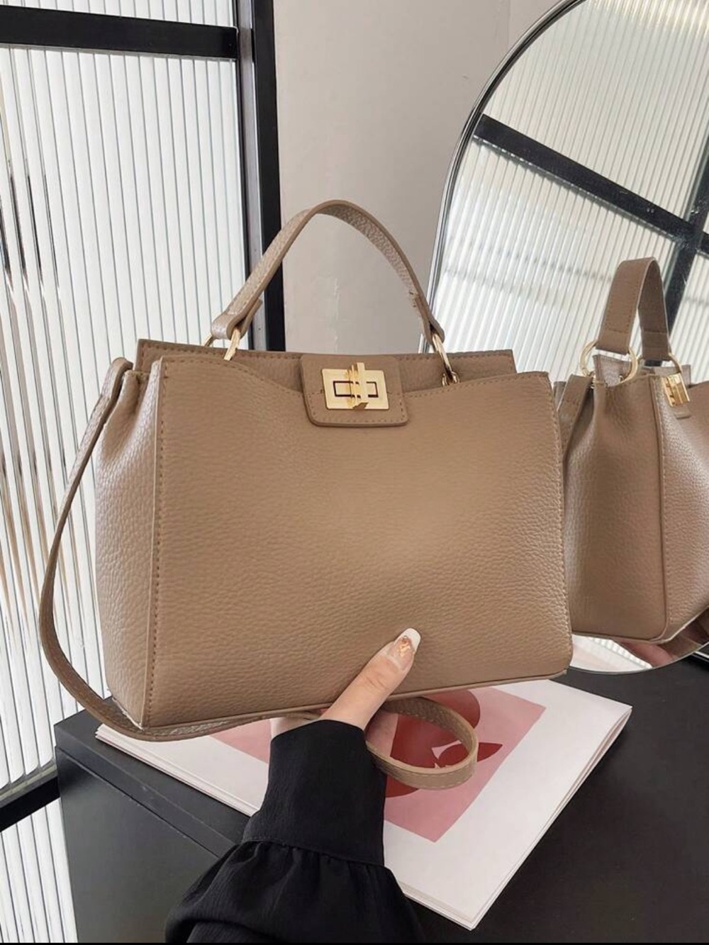 Twist lock Taupe tan Top-Handle Satchel Bag with crossbody faux leather
